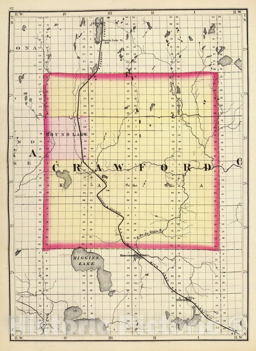 Historic Map : 1873 (Map of Crawford County, Michigan) - Vintage Wall Art