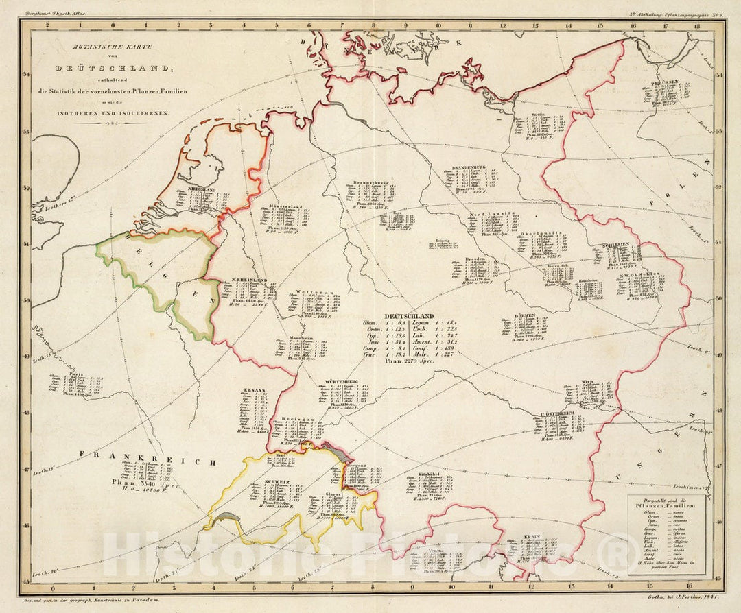 Historic Wall Map : Germany, 1841 Botanische Karte von Deutschland. , Vintage Wall Art