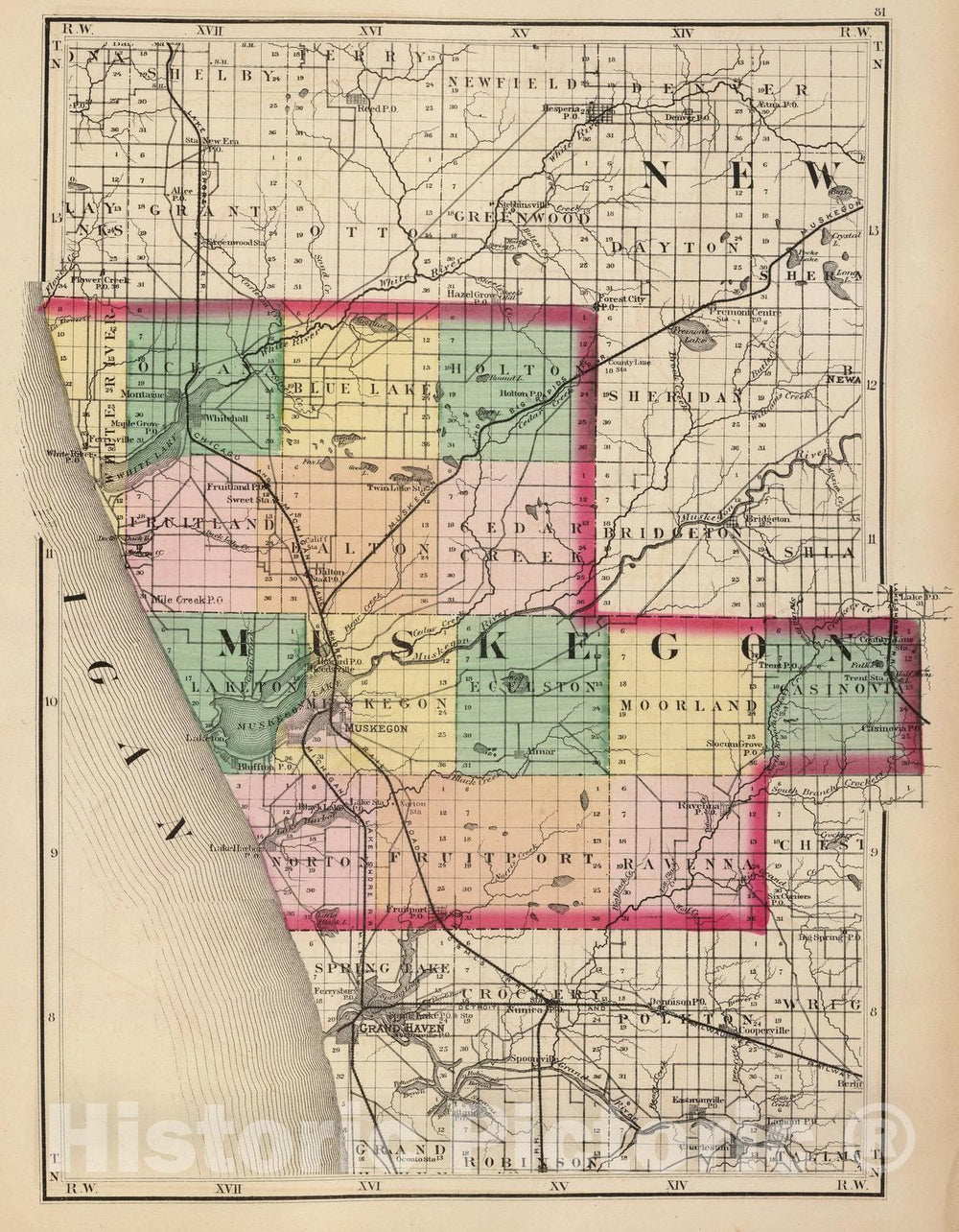 Historic Map - 1873 (Map of Muskegon County, Michigan) - Vintage Wall Art