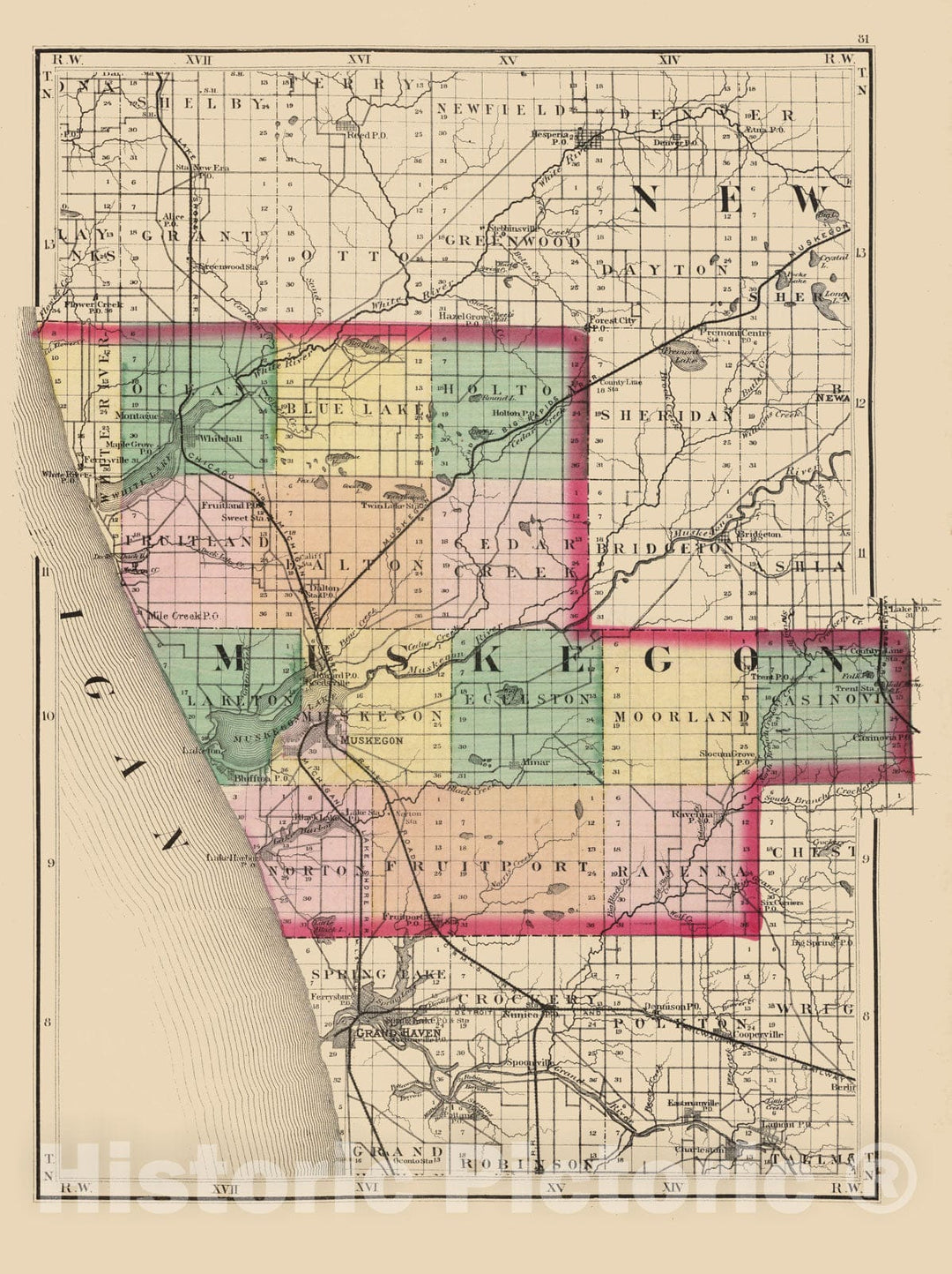 Historic Map - 1873 (Map of Muskegon County, Michigan) - Vintage Wall Art