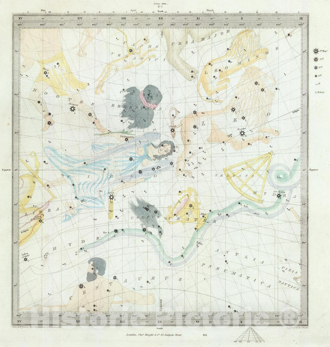 Historic Map : Celestial Atlas - 1844 Anno 1830. No. 3. March, April, May. - Vintage Wall Art