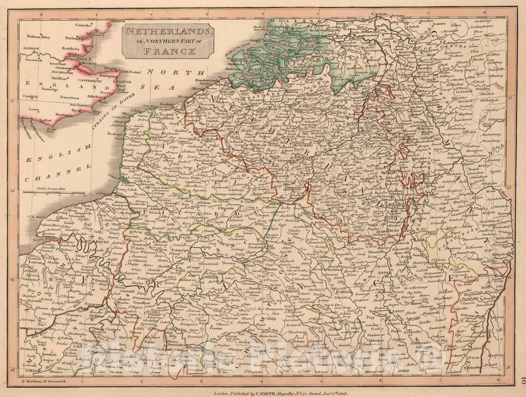 Historic Map : 1808 Netherlands of Northern Part of France. - Vintage Wall Art