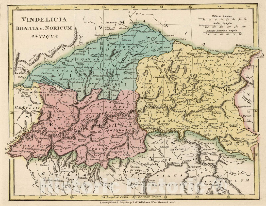 Historic Map : Germany; Austria; Switzerland, 1823 Vindelicia, Rhaetia et Noricum Antiqua. , Vintage Wall Art