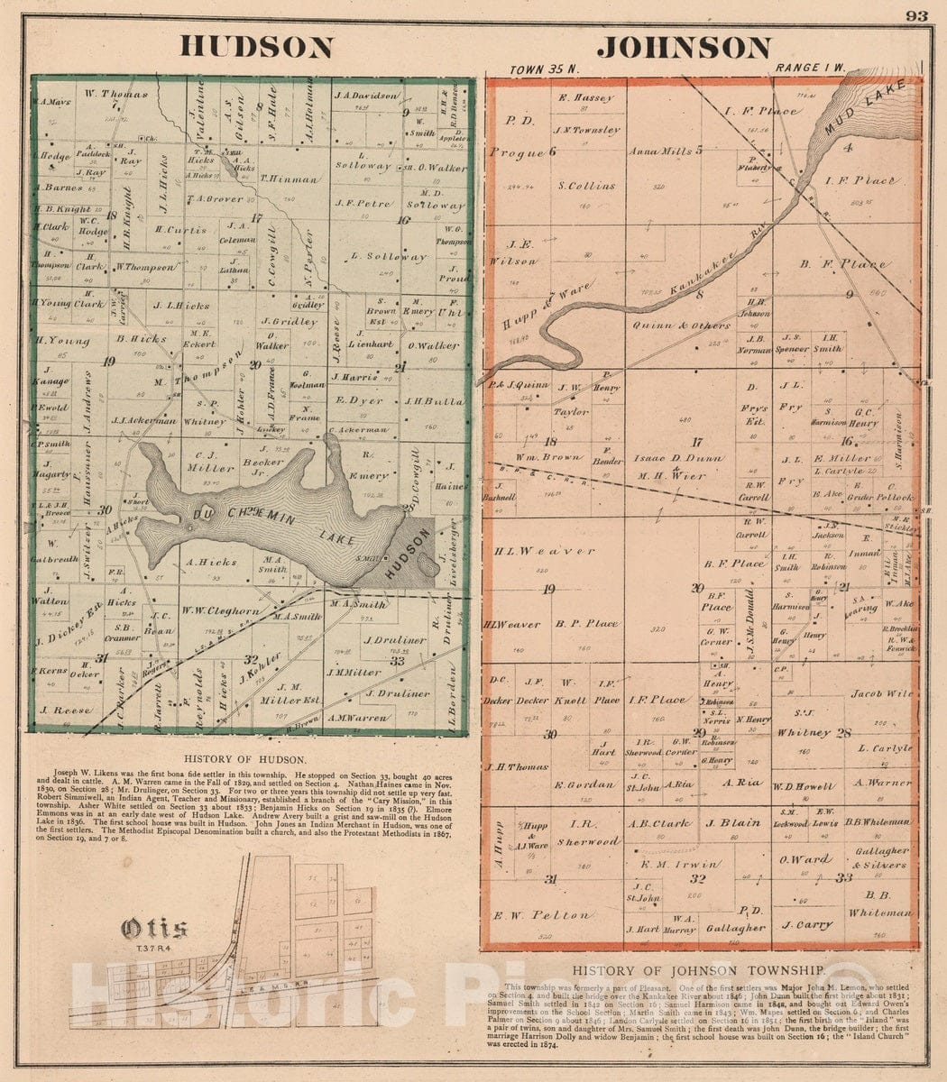 Historic Map : 1874 Hudson and Johnson Townships, Laporte County, Indiana. Otis. - Vintage Wall Art