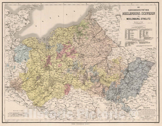 Historic Map : 1879 Grand Duke Thuemer Meklenburg-Schwerin and Strelitz Meklenburg, Germany. - Vintage Wall Art