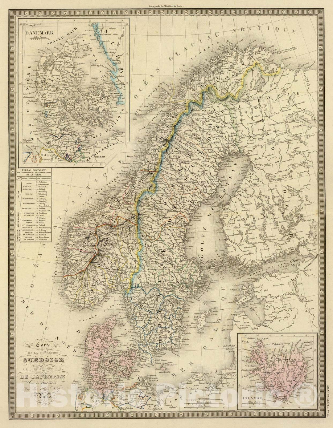 Historic Map : Denmark; Sweden, Scandinavia 1845 Suede, Danemark. , Vintage Wall Art