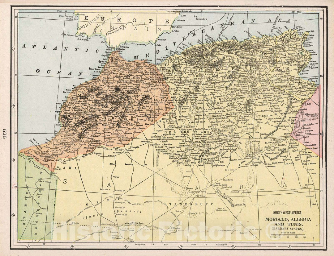 Historic Map : 1901 Northwest Africa, Morocco, Algeria, and Tunis. Barbary States - Vintage Wall Art