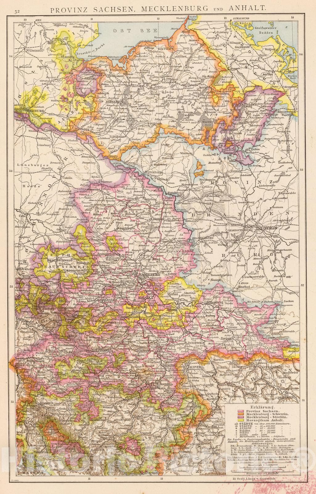 Historic Map : Germany, Saxony , Germany 1881 Sachsen, Mecklenburg, Anhalt. , Vintage Wall Art