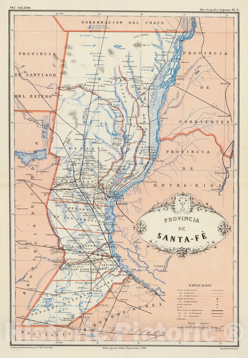 Historic Map : Argentina, Santa Fe (Argentina : Province) 1888 Provincia de Santa-Fe. , Vintage Wall Art