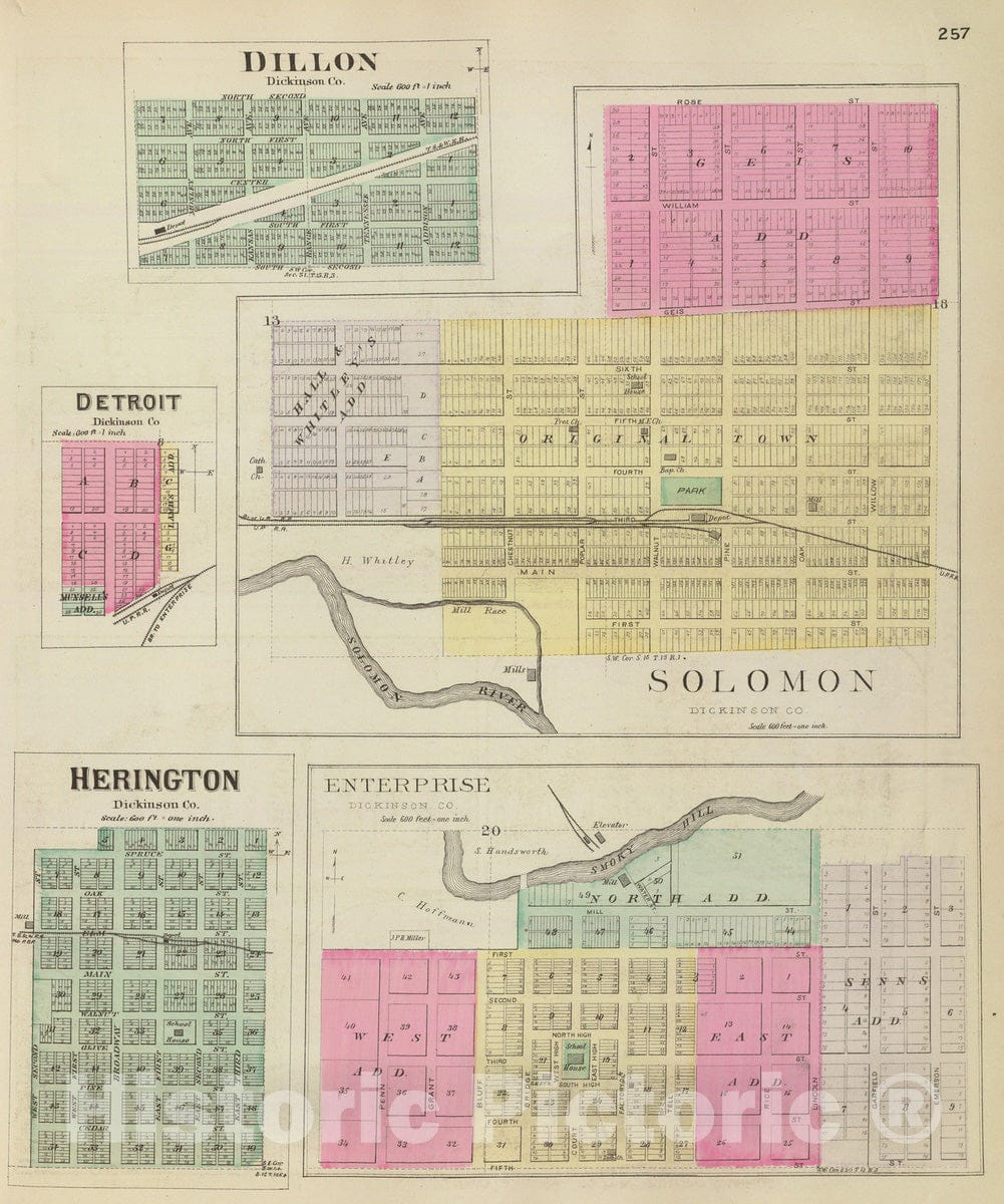 Historic Map : 1887 Solomon, Enterprise, Dillon, Detroit, Herington, - Vintage Wall Art