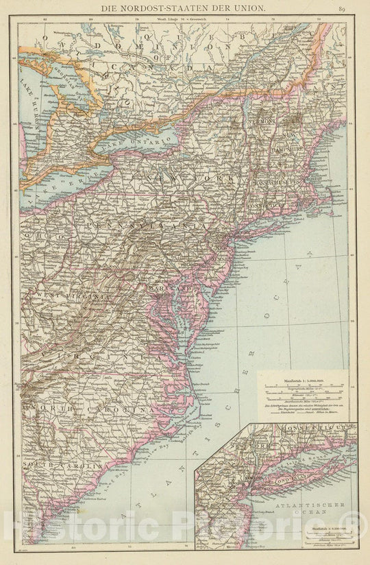 Historic Map : United States, U.S. North East, 1881 Nordost-Staaten der Union. , Vintage Wall Art