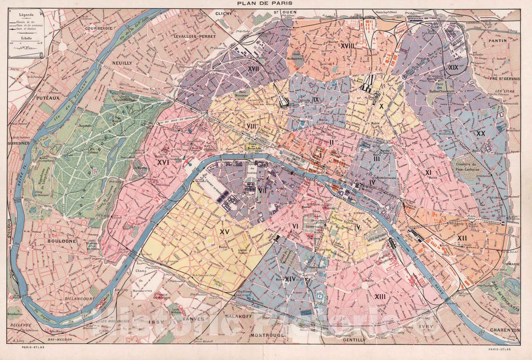 Historic Map : Paris , France, 1900 Plan de Paris. , Vintage Wall Art