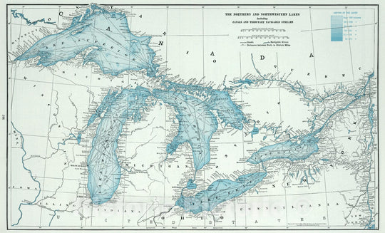 Historic Map - World Atlas - 1948 Great Lakes including Canals and Tributary Navigable Streams. - Vintage Wall Art