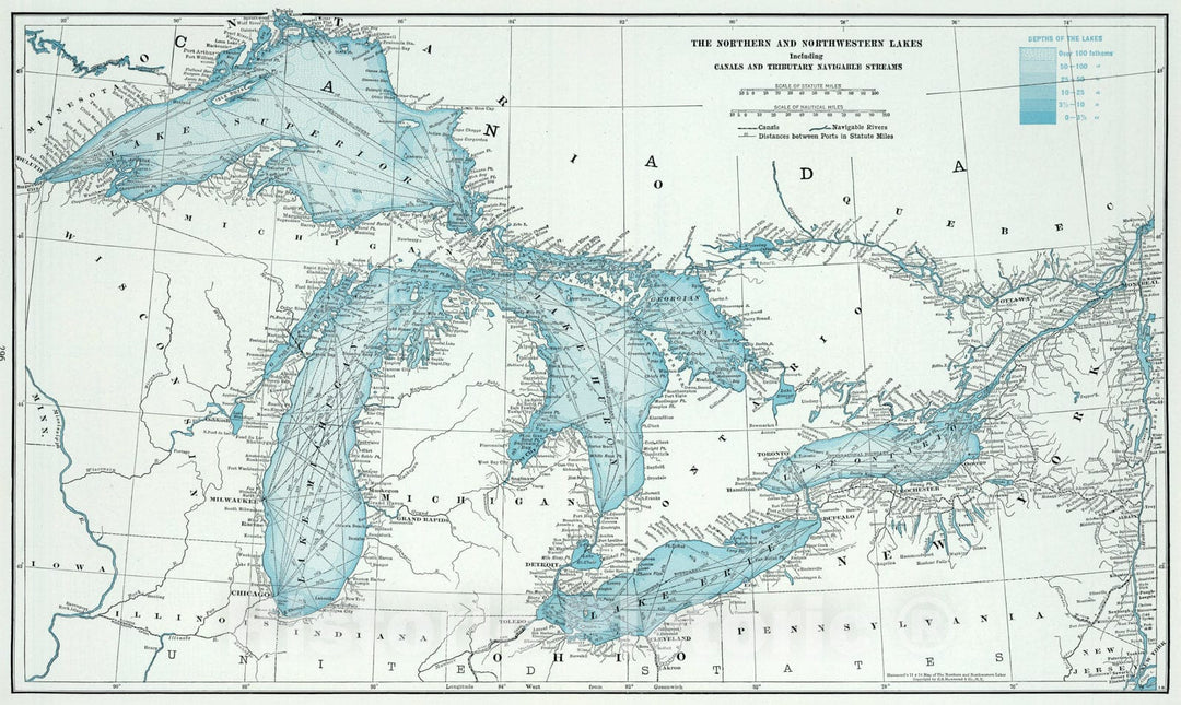 Historic Map - World Atlas - 1948 Great Lakes including Canals and Tributary Navigable Streams. - Vintage Wall Art