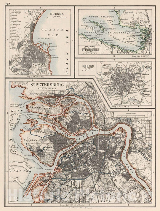 Historic Map : 1906 St. Petersburg with Environs. Odessa. Kronstadt. Moscow. - Vintage Wall Art