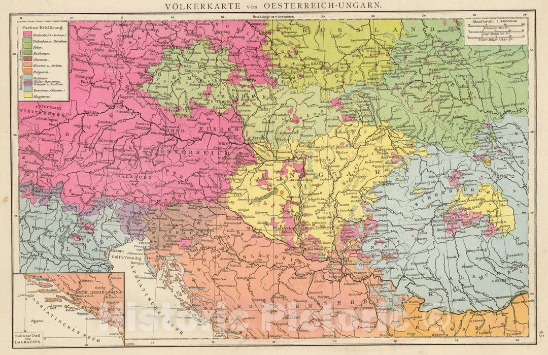 Historic Map : Austria; Hungary, Balkan Peninsula, Europe 1881 Volkerkarte v. Oesterreich-Ungarn. , Vintage Wall Art