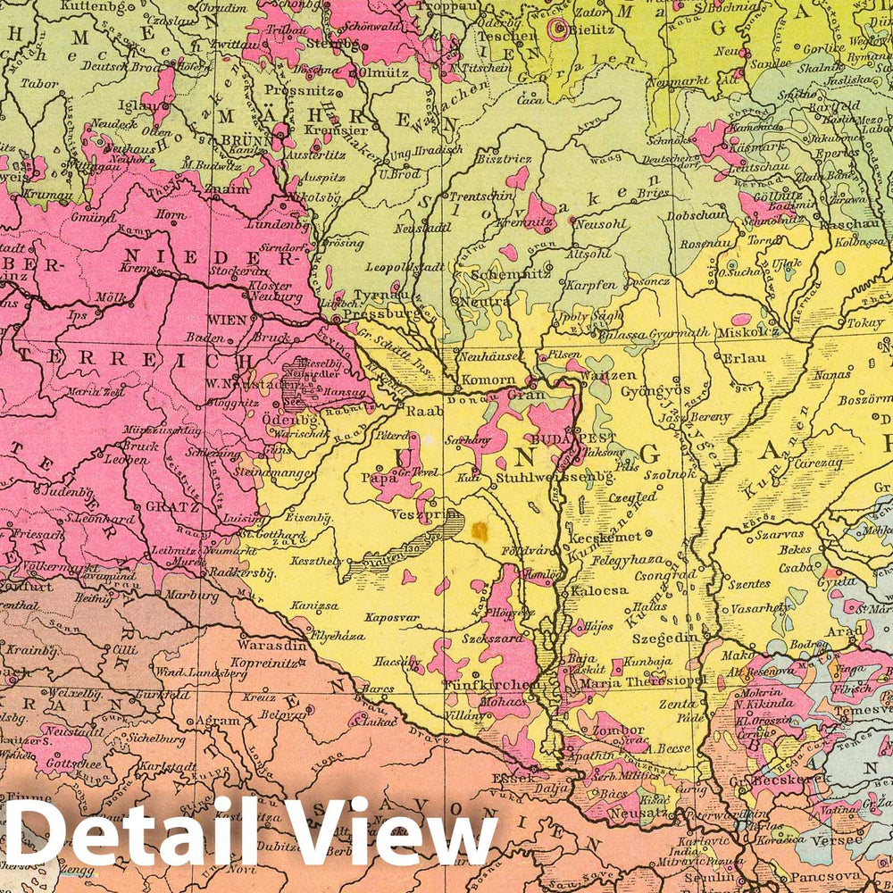 Historic Map : Austria; Hungary, Balkan Peninsula, Europe 1881 Volkerkarte v. Oesterreich-Ungarn. , Vintage Wall Art