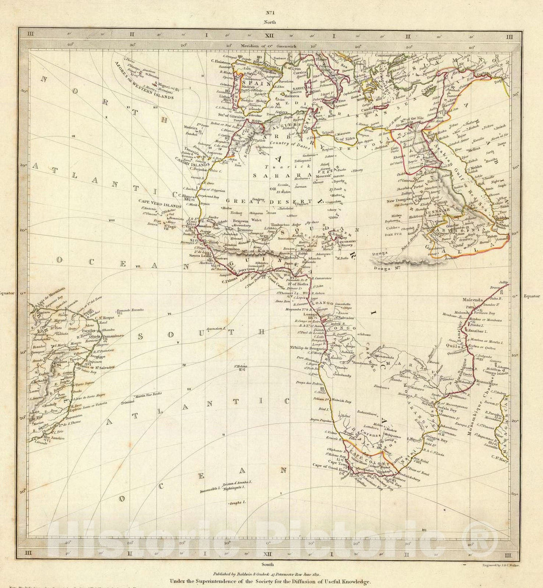 Historic Wall Map : 1831 (World, gnomonic proj. I. Africa and south Europe) - Vintage Wall Art