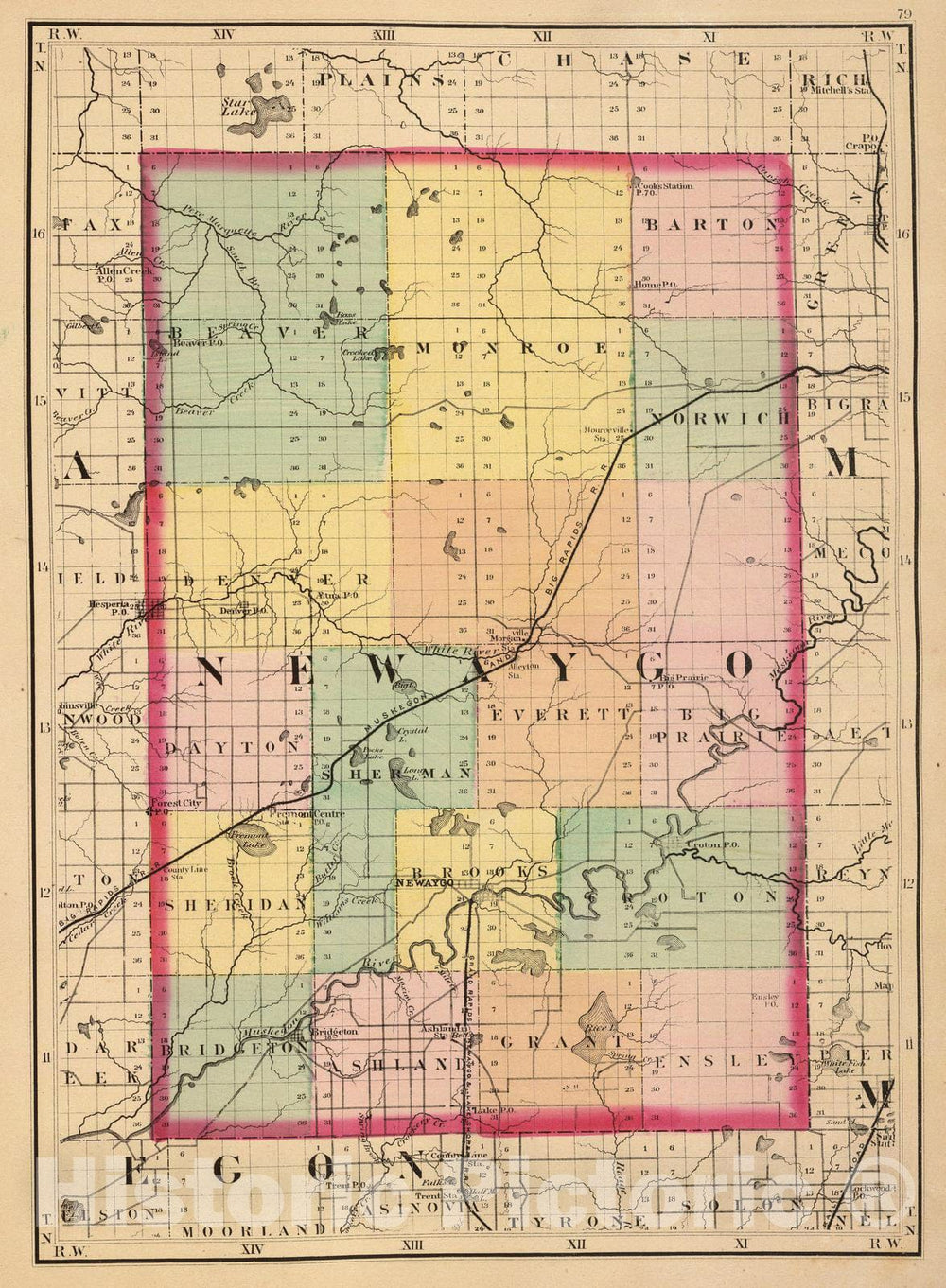 Historic Map : 1873 (Map of Newaygo County, Michigan) - Vintage Wall Art