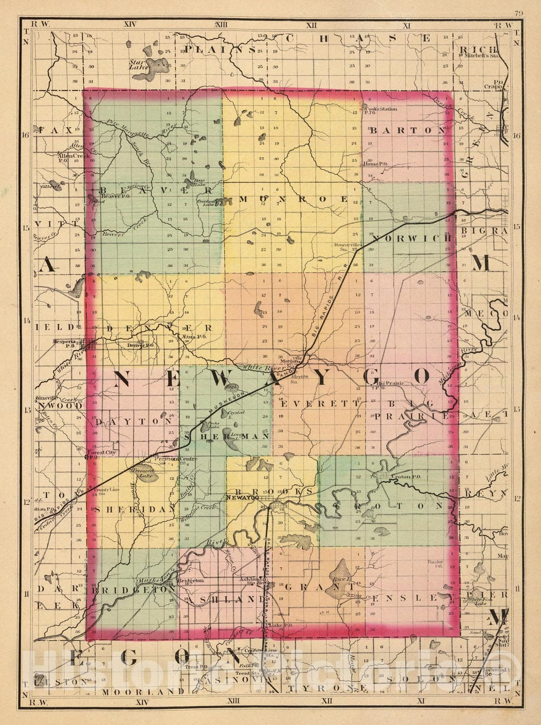 Historic Map : 1873 (Map of Newaygo County, Michigan) - Vintage Wall Art