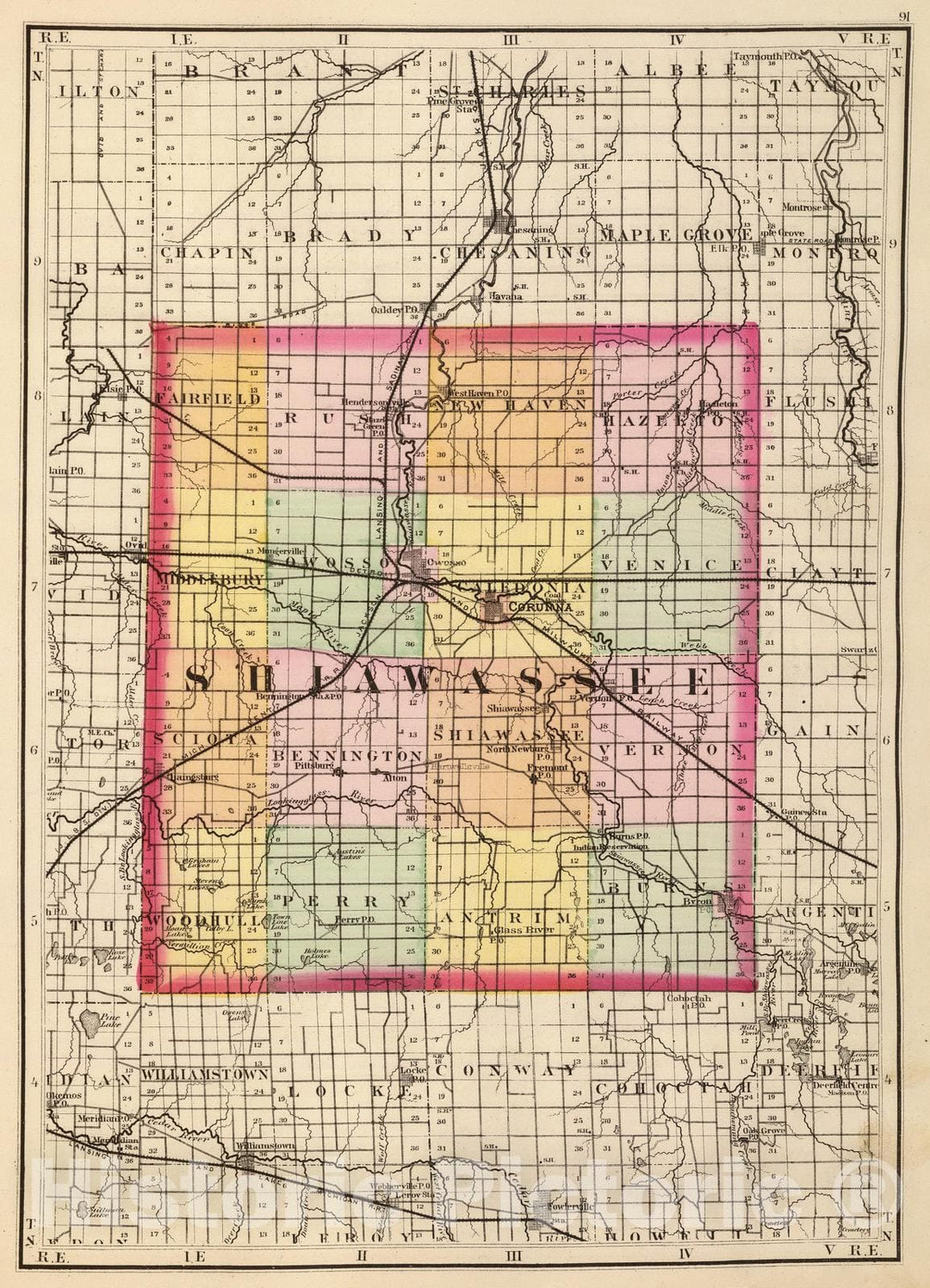 Historic Map : 1873 (Map of Shiawassee County, Michigan) - Vintage Wall Art