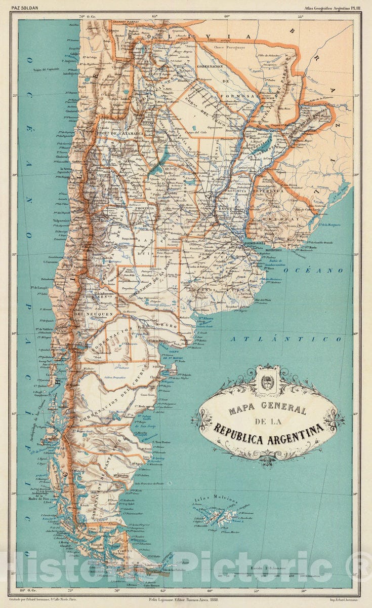 Historic Map : Argentina, 1888 Mapa general de la Republica Argentina. , Vintage Wall Art