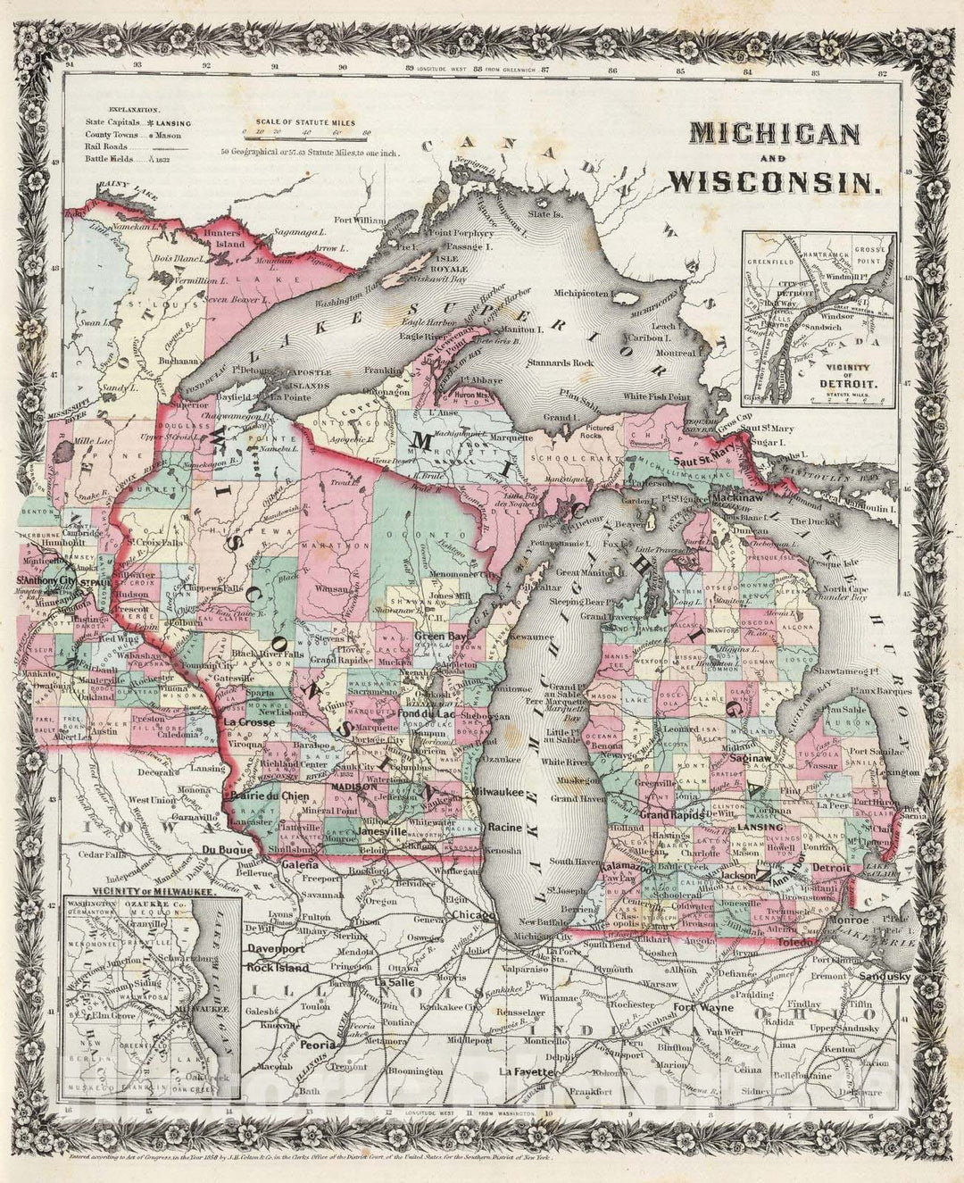 Historic Map : 1858 Michigan and Wisconsin. - Vintage Wall Art