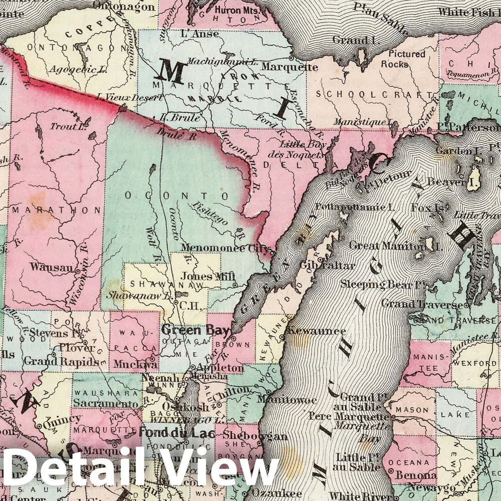 Historic Map : 1858 Michigan and Wisconsin. - Vintage Wall Art