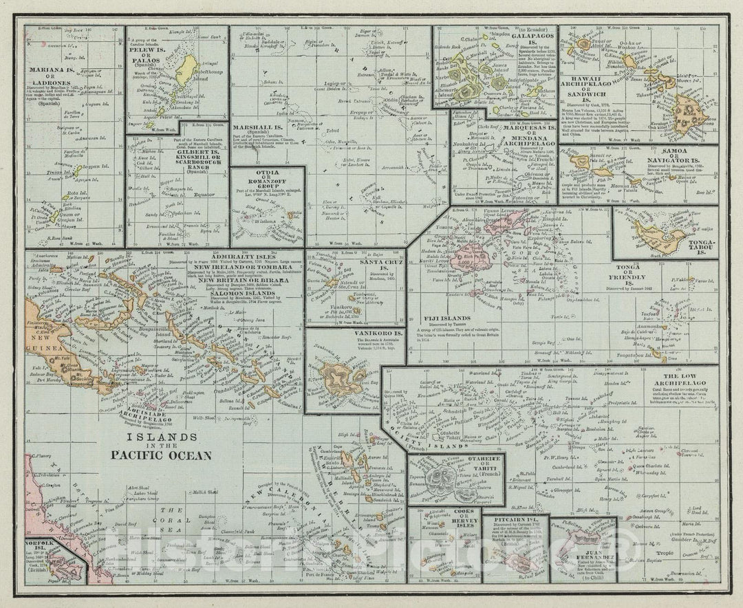 Historic Map : 1889 Islands in the Pacific Ocean. - Vintage Wall Art