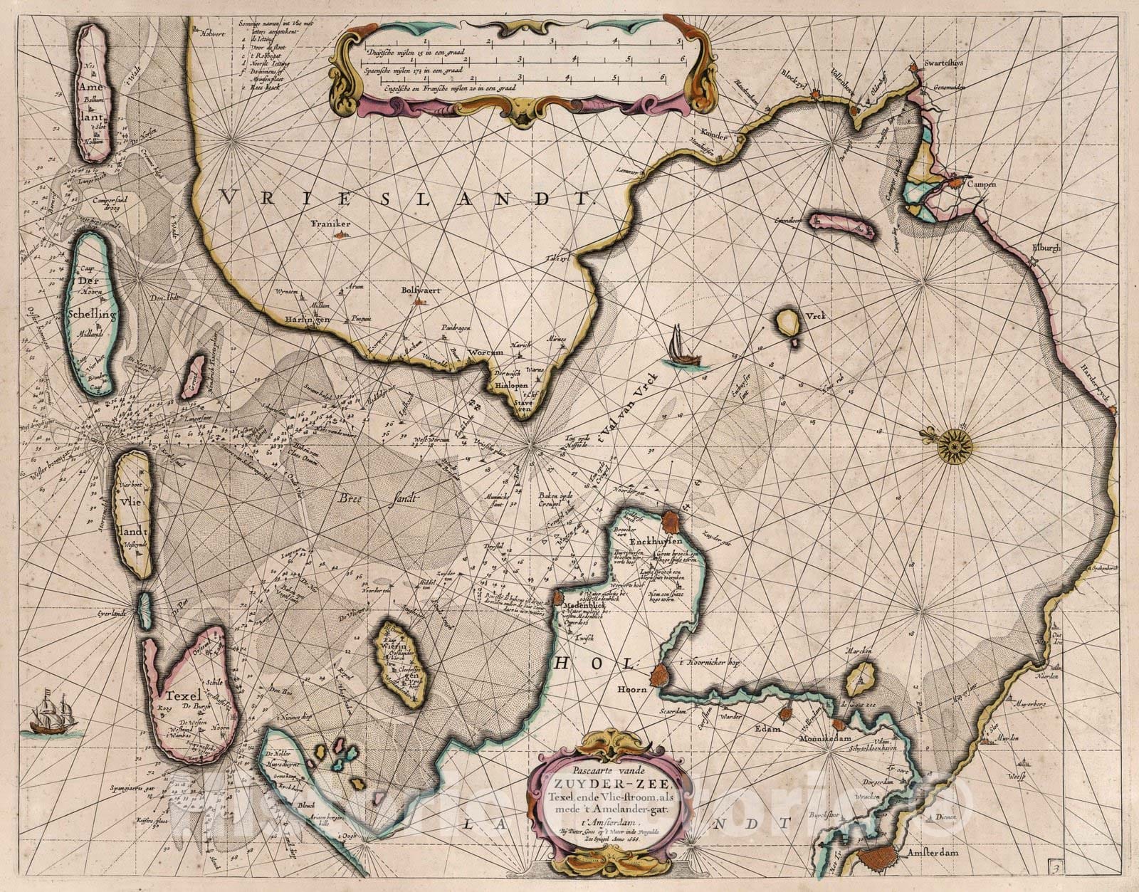 Historic Map : Markermeer (Netherlands) 1666 Pascaarte van de Zuyder-Zee. , Vintage Wall Art