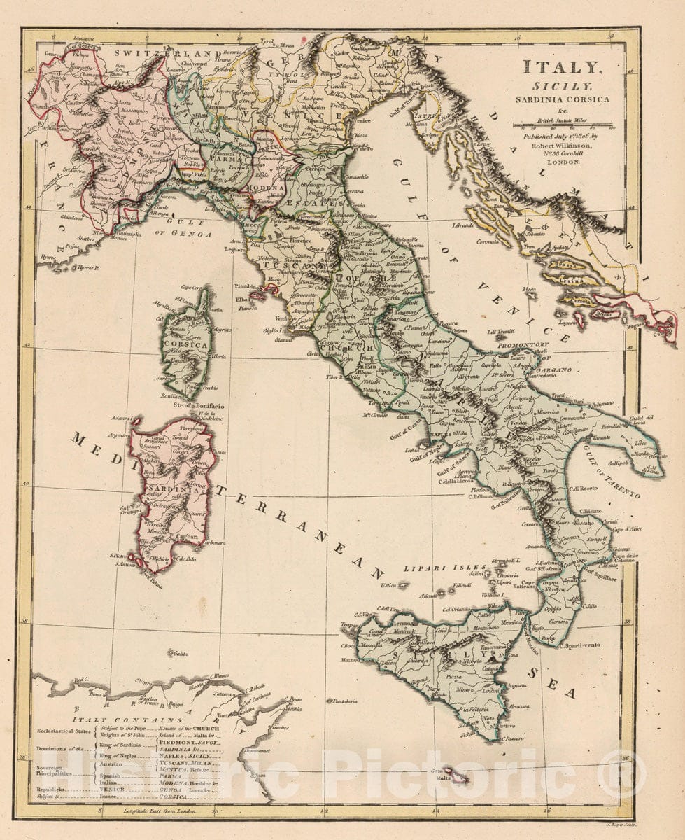 Historic Map : 1806 Italy, Sicily, Sardinia, Corsica v2 - Vintage Wall Art