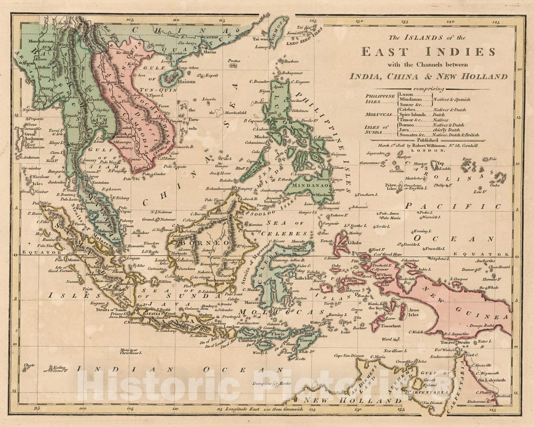 Historic Map : 1806 The Islands of the East Indies with the Channels between India, China & New Holland. v2 - Vintage Wall Art