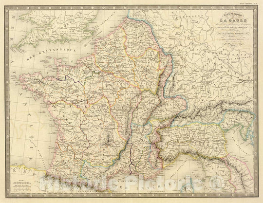 Historic Map : France; Italy, , Europe 1845 Gaule, Italie septentrionale, Germanie. , Vintage Wall Art