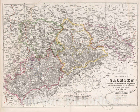 Historic Map : Germany, Saxony , Germany 1846 Koenigreich Sachsen nach den Kreisdirectionen eingetheilt , Vintage Wall Art