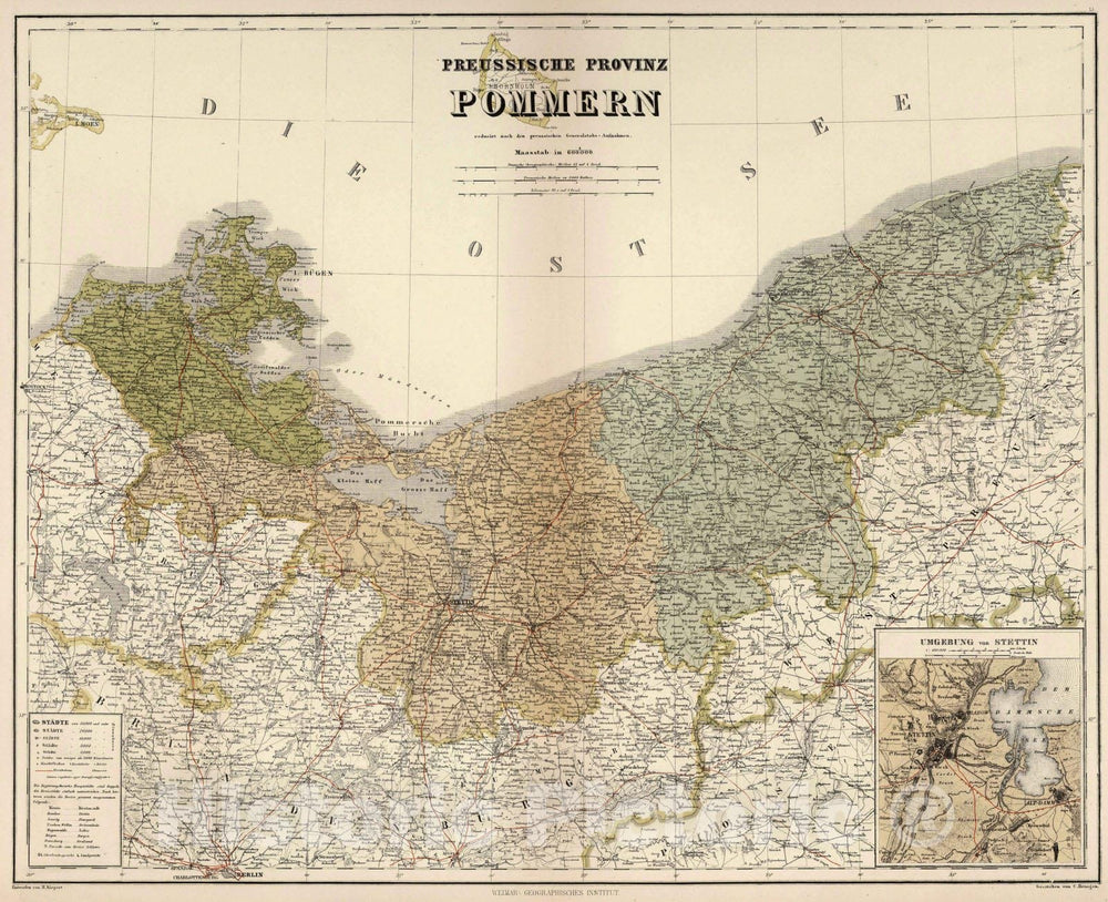 Historic Map : 1886 Pomerania, Germany and Poland. - Vintage Wall Art