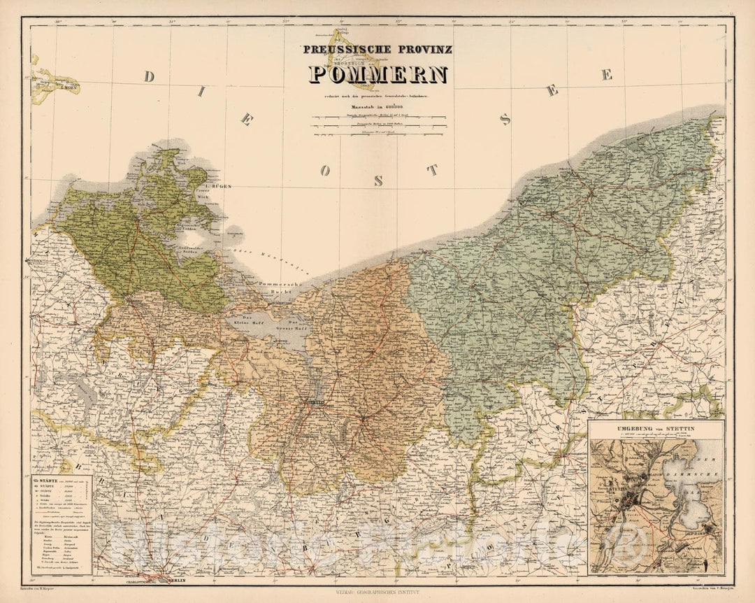 Historic Map : 1886 Pomerania, Germany and Poland. - Vintage Wall Art