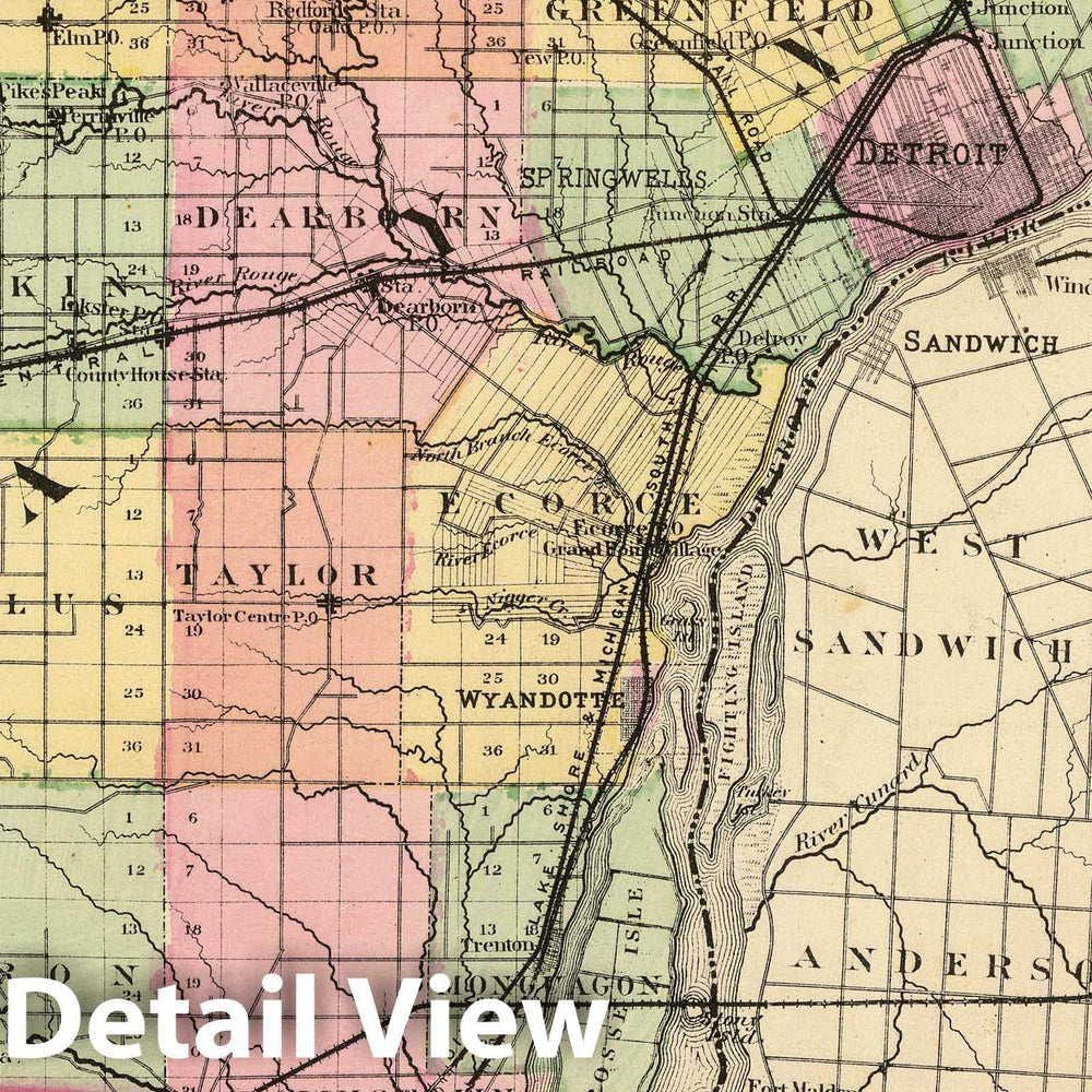 Historic Map : 1873 (Map of Wayne County, Michigan) - Vintage Wall Art