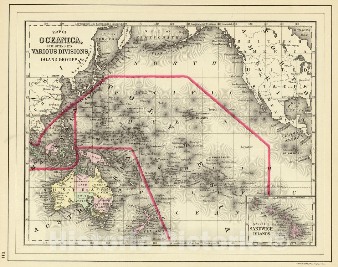 Historic Map : 1890 Oceanica, Sandwich Islands. - Vintage Wall Art