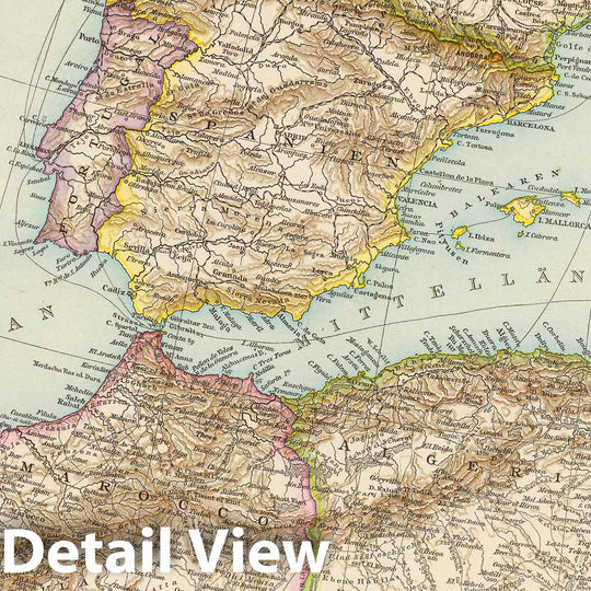 Historic Map : Mediterranean Region, Africa; Europe 1881 Mittelmeerlander westliche. , Vintage Wall Art