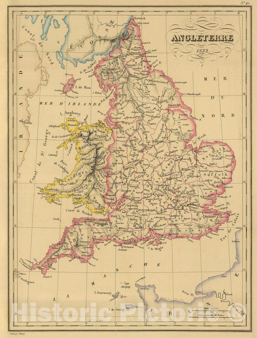 Historic Map : England, 1837 Angleterre. , Vintage Wall Art