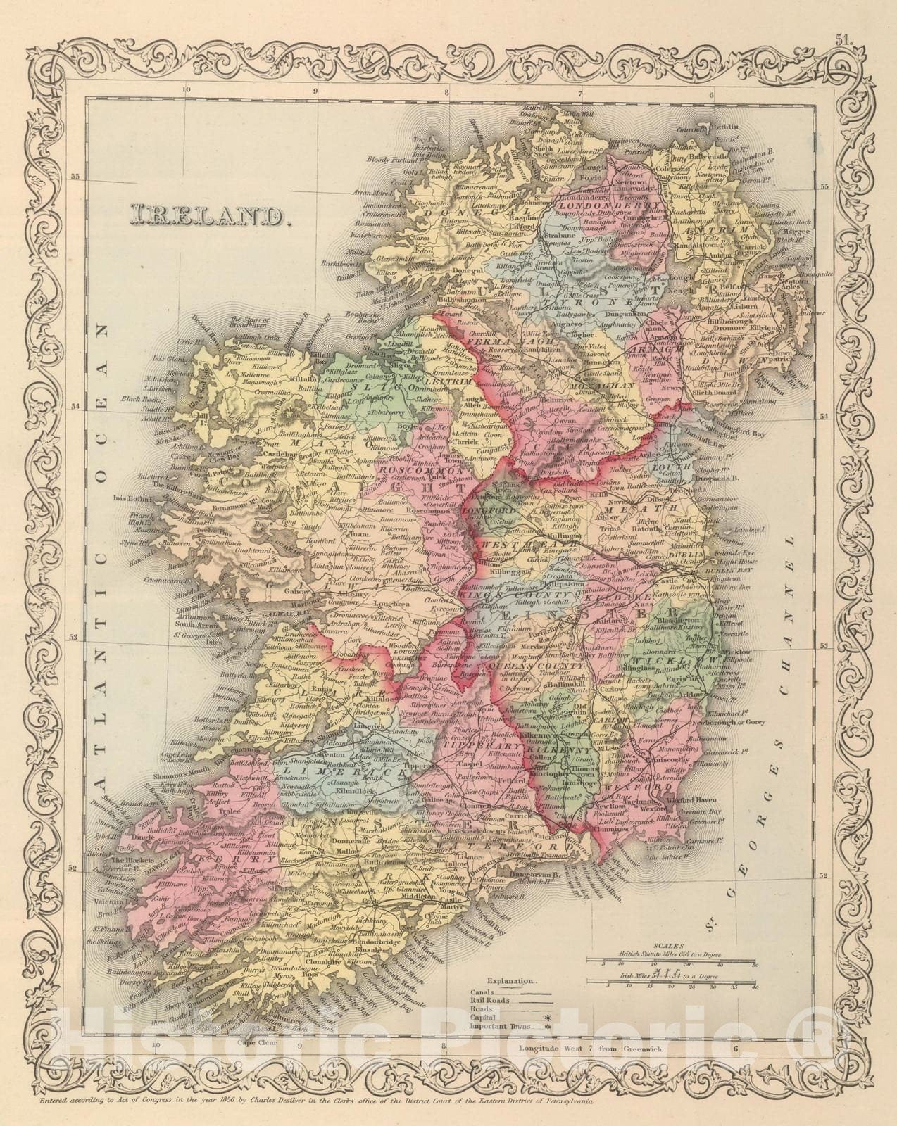 Historic Map : 1859 Ireland. - Vintage Wall Art