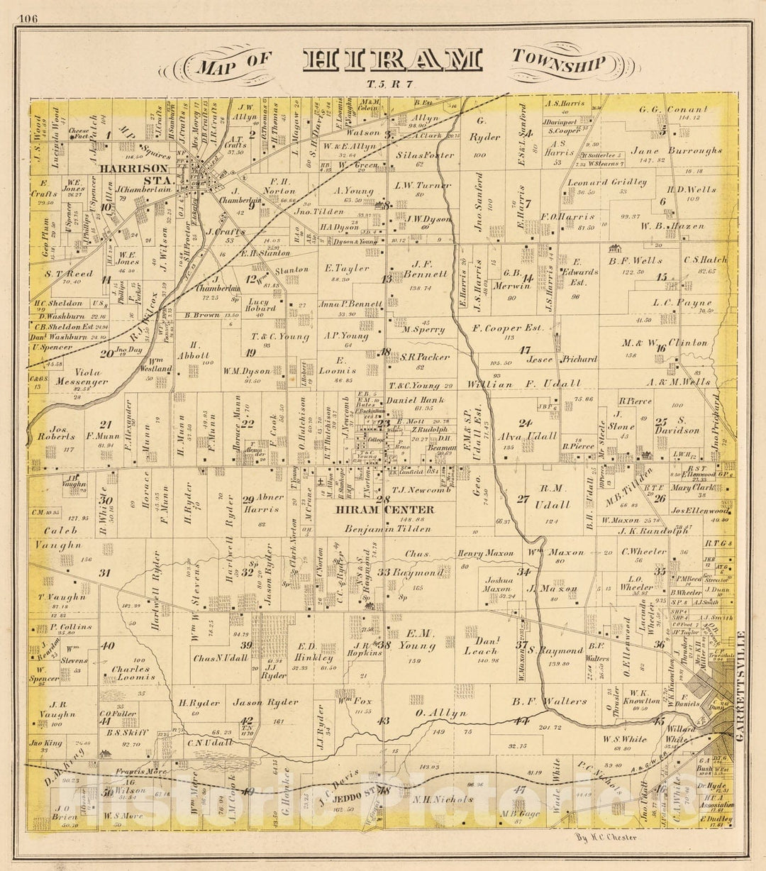 Historic Map - 1874 Hiram Township, Portage County, Ohio. - Vintage Wall Art