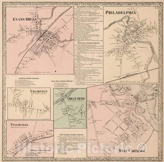 Historic Map : 1864 Evans Mills. Champion. Tylerville. Great Bend. West Carthage. Philadelphia, Jefferson County, New York. - Vintage Wall Art