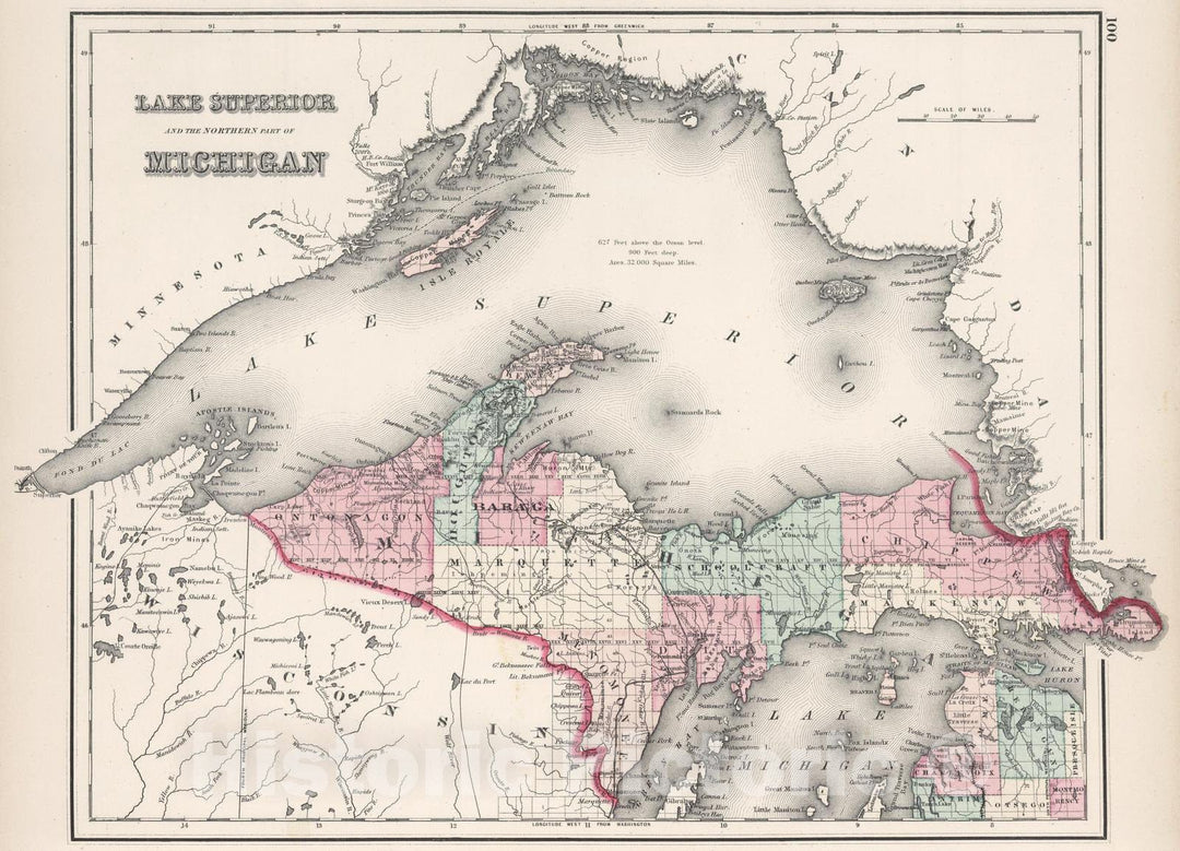 Historic Map : 1878 Lake Superior and the Northern Part of Michigan. - Vintage Wall Art