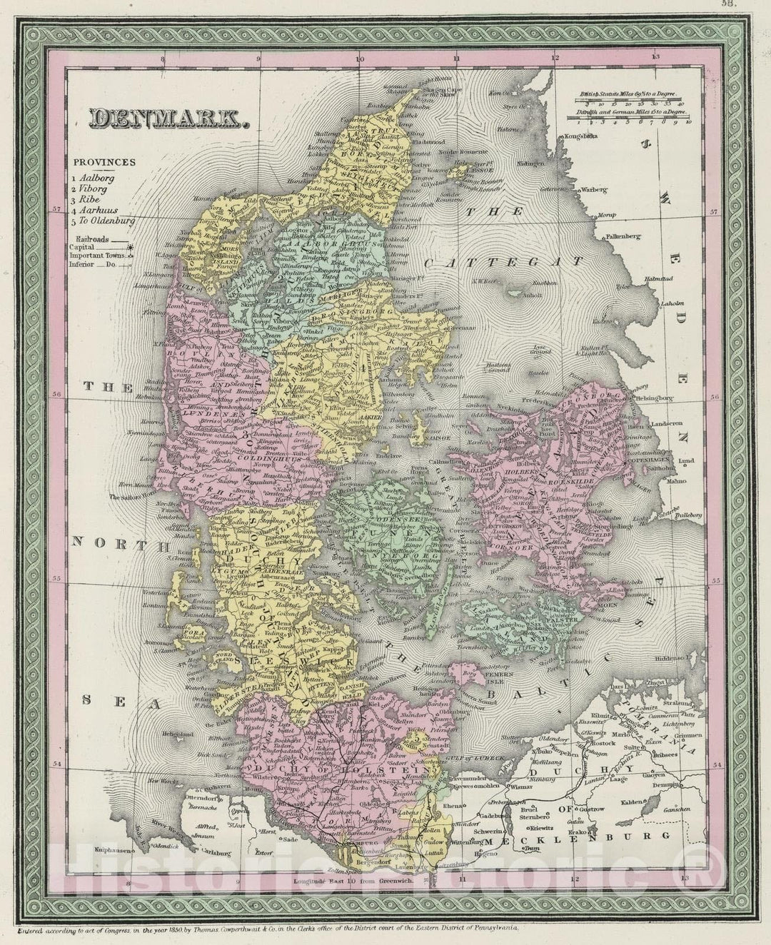 Historic Map : 1855 Denmark - Vintage Wall Art