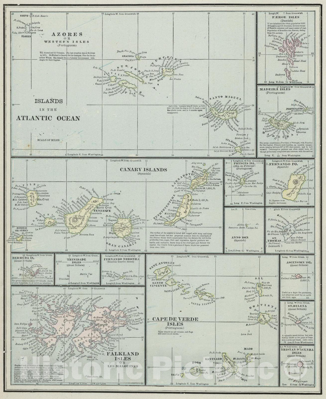 Historic Map : 1889 Islands in the Atlantic Ocean. - Vintage Wall Art