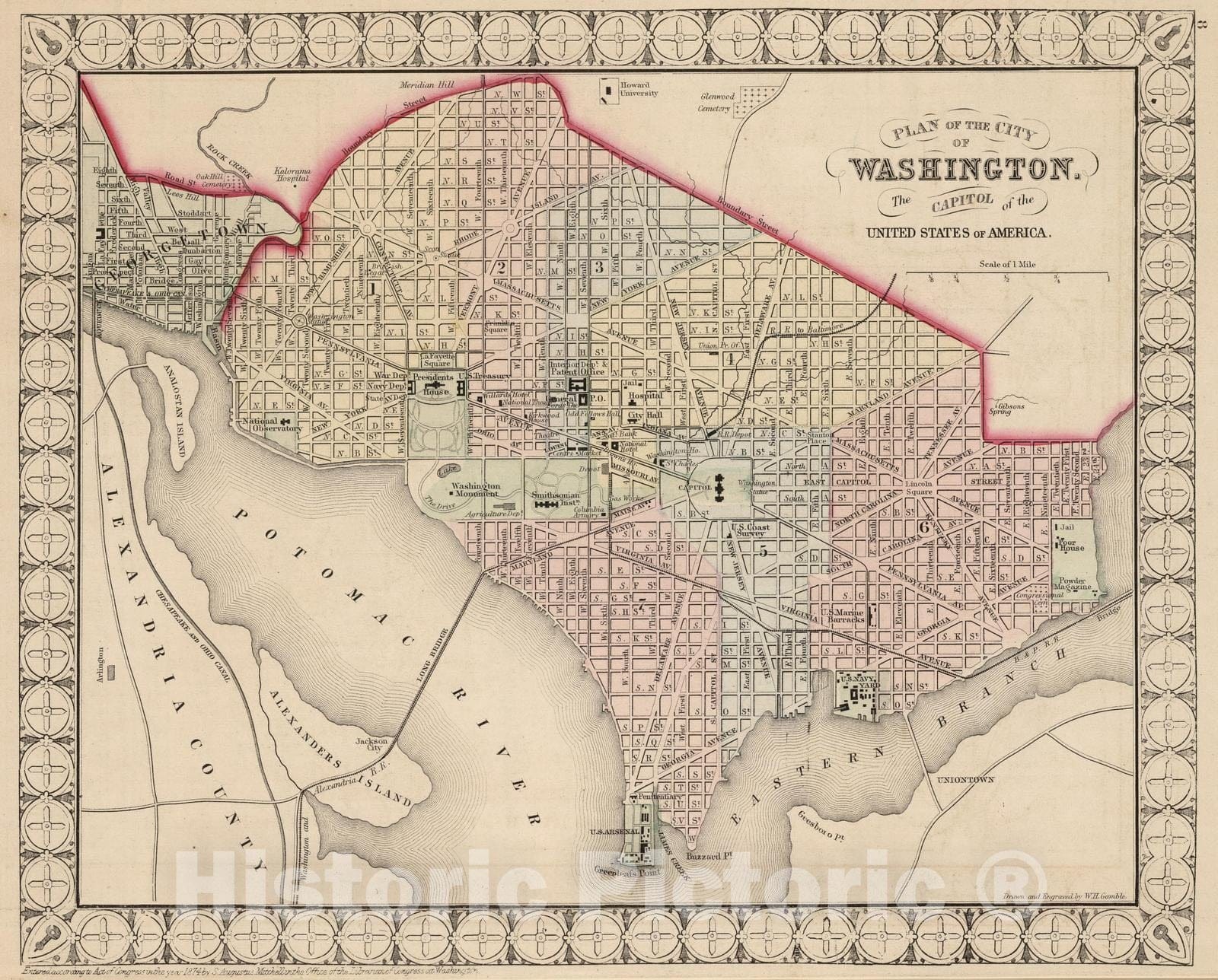 Historic Map : National Atlas - 1874 City of Washington, the Capitol of the United States of America. - Vintage Wall Art