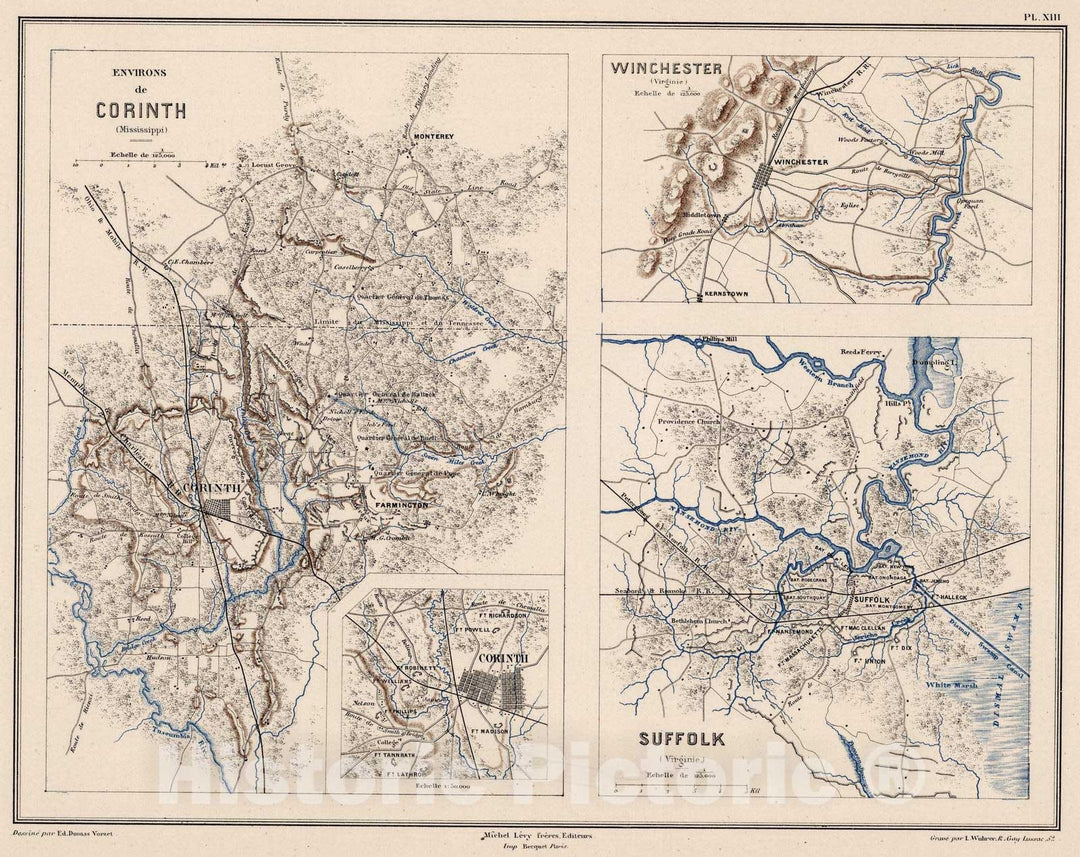 Historic Map : Mississippi, 1875 Planche XIII. Environs of Corinth (Mississippi). Winchester (Virginie). Suffold (Virginie). , Vintage Wall Art