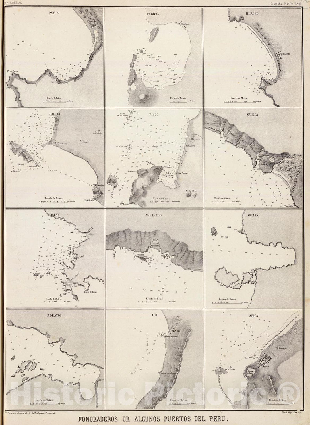 Historic Map : Chile; Peru, 1865 Fondeaderos de algunos puertos del Peru. , Vintage Wall Art