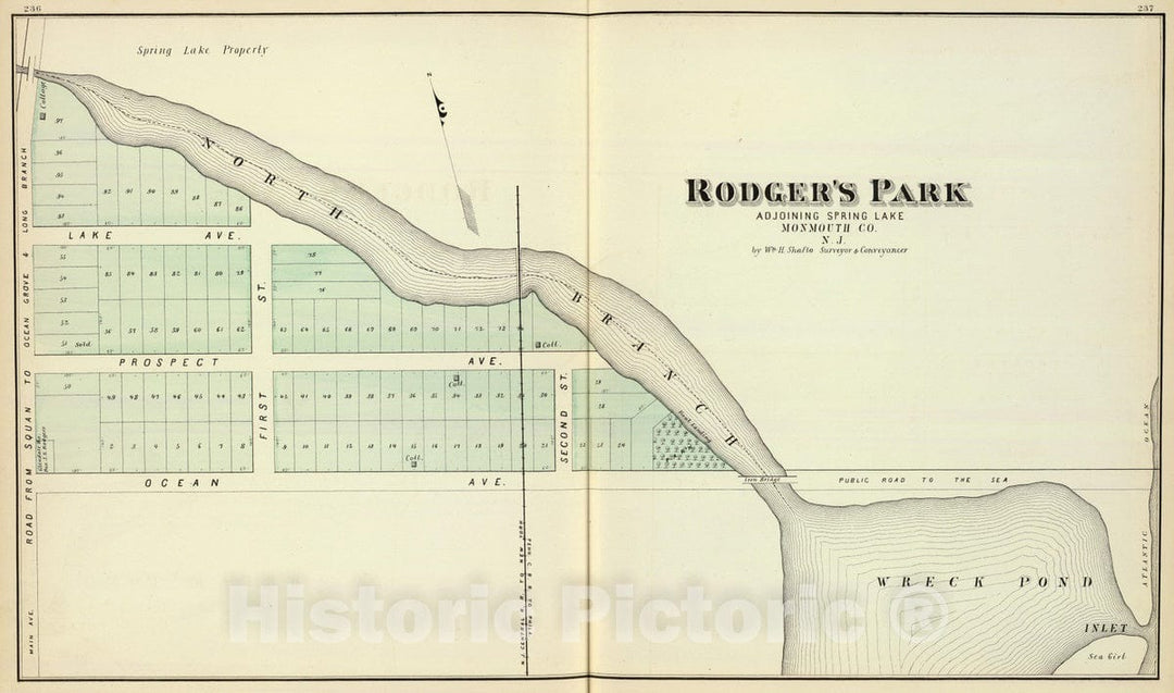 Historic Map : 1878 Rodger's Park, adjoining Spring Lake, Monmouth Co, N.J. - Vintage Wall Art